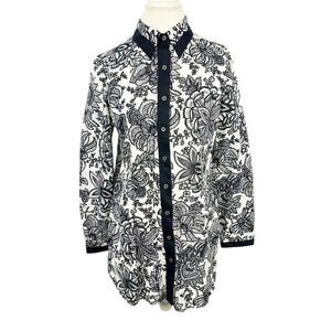 Pell & Co Bold Black and White Floral Button Shirt Tunic Top Cotton Chic Size 10
